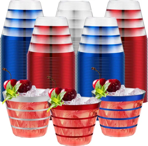 Vista 10 de Gejoy Vasos de plástico a rayas con borde de 9 onzas, desechables a granel, para beber de plástico duro para copas de cóctel, vasos para bodas, Negro
