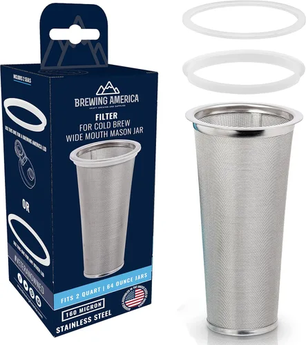 Vista 11 de Brewing America Mason Jar Cold Brew Coffee Maker Infuser: Hecho en Estados Unidos Frasco Mason de boca ancha con tapa de rosca superior, filtro