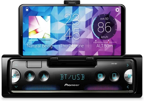 Pioneer Receptor de sincronización inteligente SPH-10BT 1-DIN - Bluetooth, soporte para teléfono inteligente, cambio de color, USB, FLAC, control de