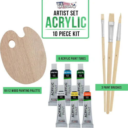 Vista 2 de US Art Supply - Set de paleta de madera con 6 unidades de acrílico y set de 3 unidades de brochas.