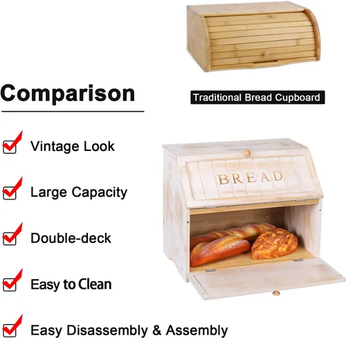 Vista 3 de HOMEKOKO Caja de pan vintage de doble capa grande para encimera de cocina, diseño retro, contenedor de almacenamiento de pan de madera de gran Blanco