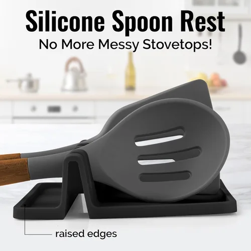 Vista 2 de Zulay - Soporte de silicona con bandeja antigoteo para múltiples utensilios de cocina, reposacucharas resistente al calor y sin BPA, para cucharas