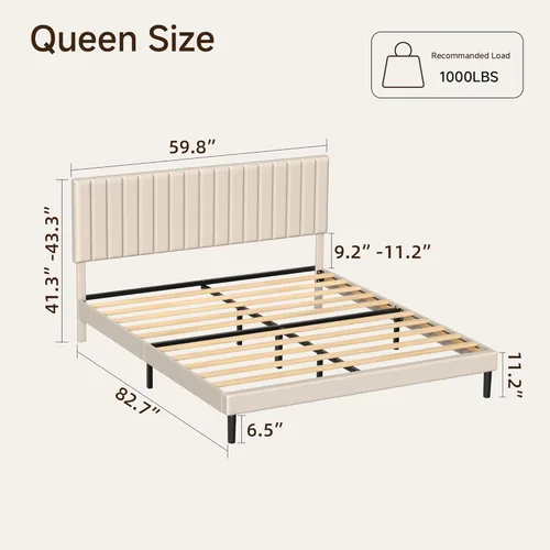 Vista 2 de Base de cama de plataforma tamaño Queen con cabecera capitoné de canal vertical, no necesita somier, sin ruido, fácil montaje, terciopelo beige