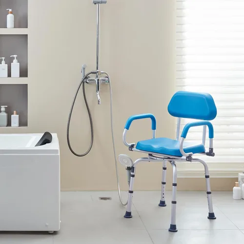 Vista 8 de VEVOR Silla de ducha giratoria de 360 grados, asiento de ducha ajustable con brazos giratorios y asiento de baño acolchado para ducha o bañera