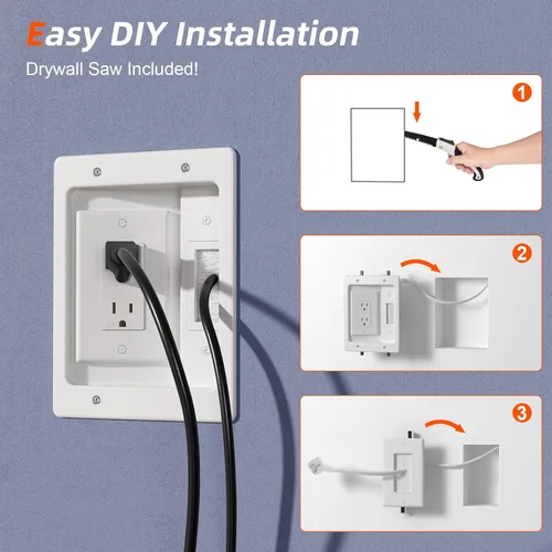 Vista 5 de Kit de organización de cables de pared, kit de pared para ocultar cables de TV con placa de pared de cepillo y cable de 9.8 pies, 2 salidas de CA