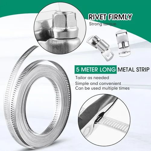 Vista 4 de Blulu Abrazaderas de manguera de 32.8 pies, fleje de metal con agujeros + 48 sujetadores, kit surtido de abrazaderas de manguera de acero
