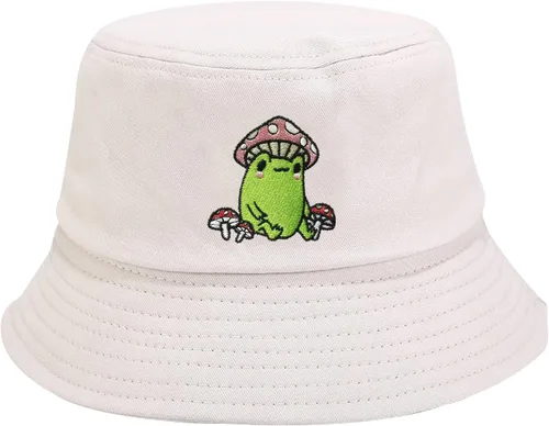 Sombrero de cubo bordado de rana con hongo para mujeres y hombres