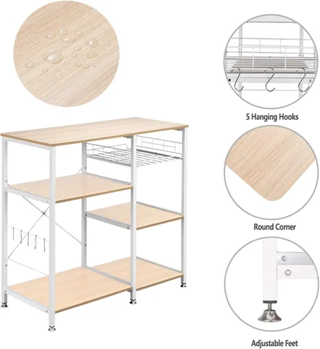 Vista 19 de Estante de cocina para panadero, carrito de microondas, carrito de cocina rodante de 3 niveles con ruedas, carrito de café con estante