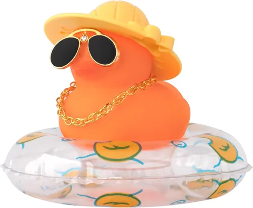 Vista 12 de Wonuu Decoraciones de tablero de goma de pato para automóvil, accesorios con anillo de natación, gafas de sol, sombrero y collar, azul y delfín