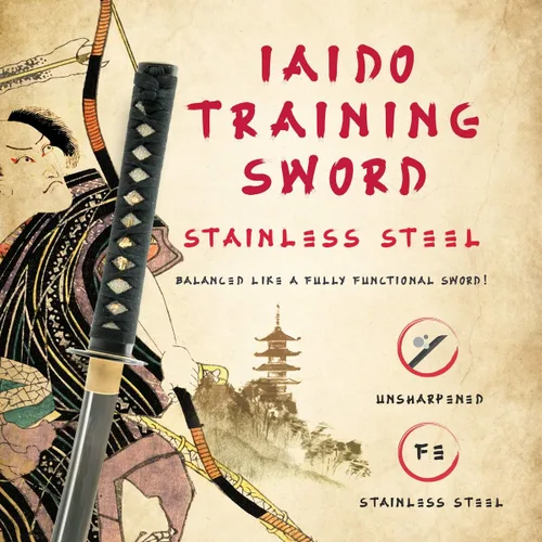 Vista 3 de HMS Espada japonesa Samurai Wakizashi de entrenamiento, Musashi Tsuba, acero inoxidable, hecha a mano, espiga completa, Musashi Tsuba, sin afilar