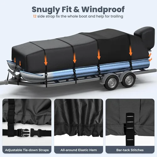 Vista 6 de RVMasking Cubierta para barco pontón con cubierta para motor, 1400D resistente reforzada en el medio, cubierta impermeable para barco de grado