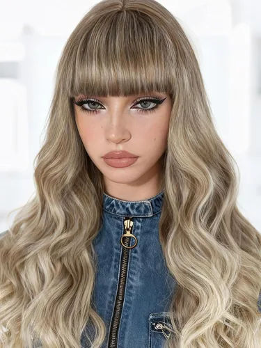FANCEE Peluca rubia sucia con flequillo, peluca larga y ondulada con flequillo romo para mujer, 26 pulgadas, sintética, color rubio sucio, pelucas