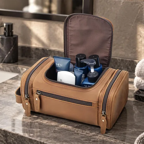Vista 4 de Polare - Neceser de cuero de grano completo, kit de afeitado, estuche de viaje, bolsa de lavado con cremalleras YKK A- marrón oscuro