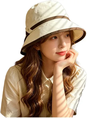 Foldable Women's Sun Hat with Wide Brim, Adjustable Bucket in Breathable Polyester, UV Protection Fisherman Cap Mz2923 Beige