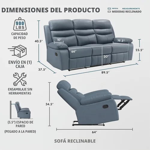 Vista 2 de Lexicon Leather Match - Sofá reclinable manual para pared, color azul