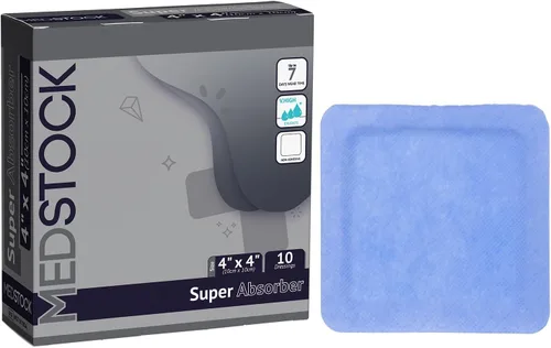 MEDSTOCK Apósito súper absorbente, 4 x 4 pulgadas (paquete de 10), cuidado de heridas, máxima absorción, soporta volúmenes adicionales de exudado,