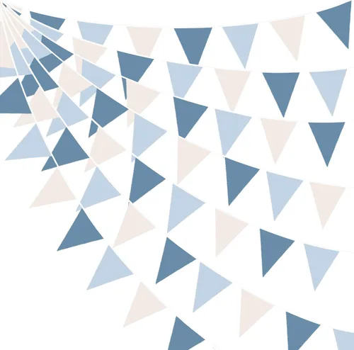Banderines azules retro de 32 pies para decoración de fiesta, banderines triangulares, bandera de tela, guirnalda de tela para boda náutica, Azul
