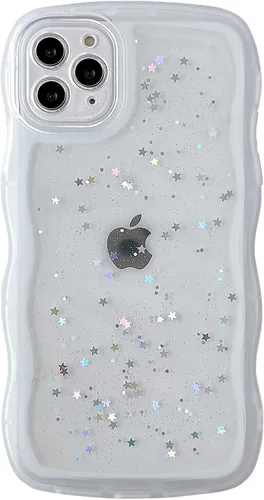 Vista 144 de Qokey para iPhone 14 Plus Funda de 6.7" con diseño de borde ondulado rizado, transparente, con purpurina, brillo, estrellas, brillante, lindo