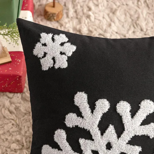 Vista 2 de Paquete de 2 fundas de almohada decorativas negras de Navidad con bordado de copo de nieve, almohadas para sofá de lona, funda de cojín, decoración