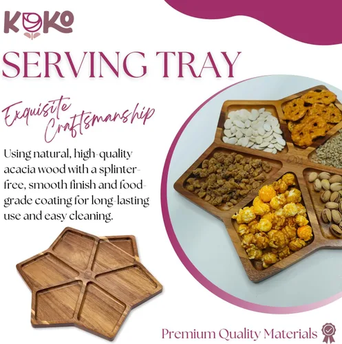 Vista 2 de Koko Bandeja de madera de acacia para servir Plato rústico tallado para alimentos, queso, postres, frutas divididas, verduras, bandeja