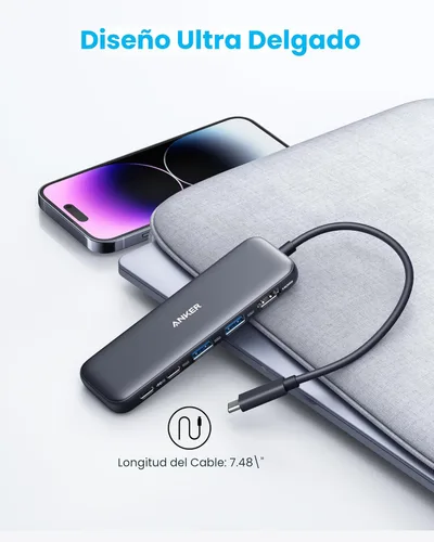 Vista 6 de Anker Hub USB C, divisor USBC a HDMI 5 en 1 con pantalla 4K, 1 puerto USB-C de 5 Gbps alimentado y 2 puertos de datos USB-A 3.0 de 5 Gbps