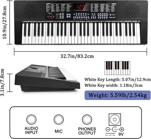 Vista 6 de Vangoa Piano de teclado iluminado de 61 teclas para principiantes, 350 tonos y timbres, 3 modos de enseñanza, con micrófono, negro