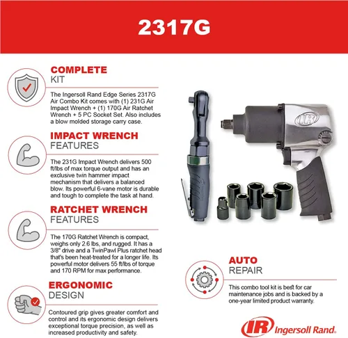Vista 6 de Ingersoll Rand 2317G Llave de impacto neumática de 1/2" y trinquete neumático de 3/8" Kit de combinación, incluye juego de llaves de vaso de 5