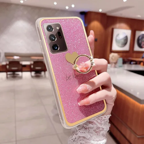 Vista 5 de Para Samsung Galaxy Note 20 Ultra 5G Caja Del Teléfono Lindas Niñas Mujeres Shell De Lujo Con Soporte De Anillo De Corazón Cubierta Protectora A Rosa