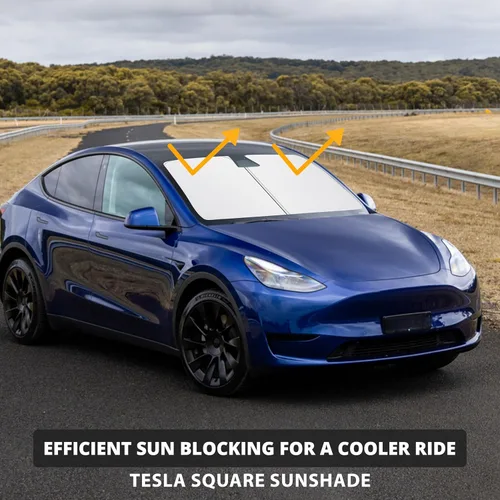 Vista 7 de Parasol para parabrisas Tesla para los modelos 3 e Y, tamaño (37 x 28 pulgadas), parasol reflectante premium 240T, protector térmico, protección UV