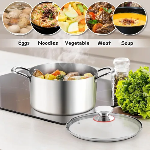 Vista 4 de E-far Olla de 4 cuartos de galón, olla de cocina de acero inoxidable de tres capas con tapa de vidrio y asas remachadas, olla de metal para pasta
