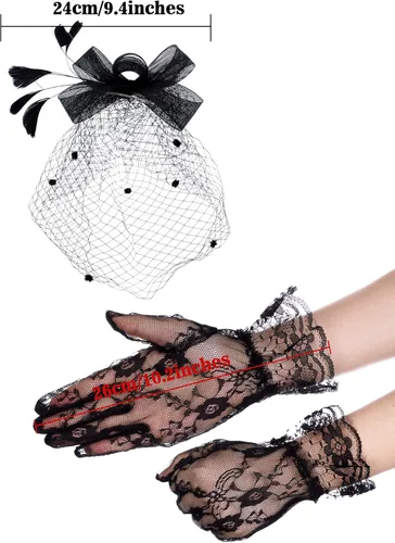 Vista 3 de Bowknot tocado sombrero plumas velo malla diadema y guantes cortos de encaje floral guantes de encaje