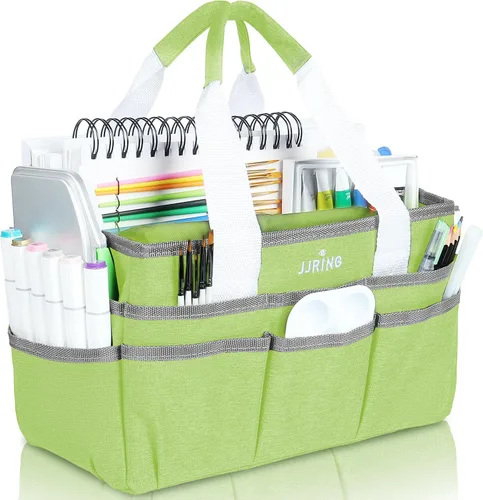 Vista 32 de JJRING Craft Organizer Tote Bag, Art Storage Caddy with Multiple Pockets, Beige Sewing Bag for Art, Craft, Scrapbooking, School, Medical, and Office