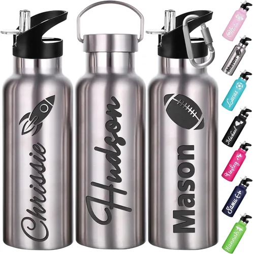 Vista 10 de Botellas de agua personalizadas con tapa de popote de 12/26 onzas con nombre grabado, logotipo, botella aislada personalizada, botellas de agua