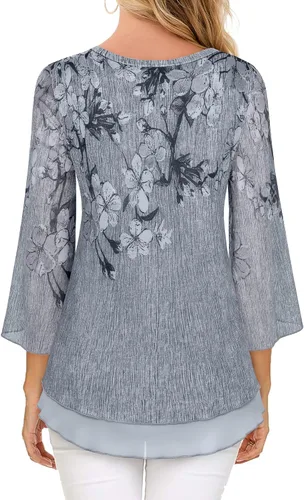 Vista 4 de Timeson Blusas florales de manga 34 para mujer, camisas de doble capa con cuello en V, túnica elegante