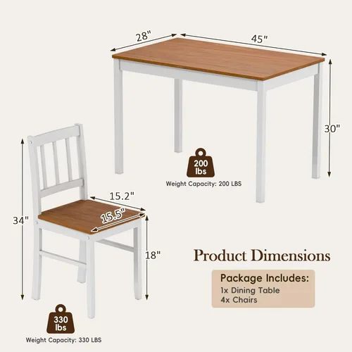 Vista 2 de Juego de mesa de comedor de 5 piezas para 4, juego de mesa de cocina rectangular de madera maciza con 4 sillas, juego de comedor de madera que