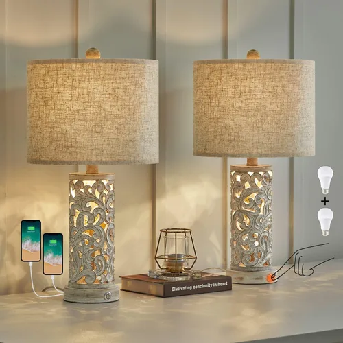 Vista 10 de OYEARS Lámpara de mesa de granja de 22 pulgadas para sala de estar, lámpara de noche con 2 puertos USB para dormitorio, lámpara de mesita de noche