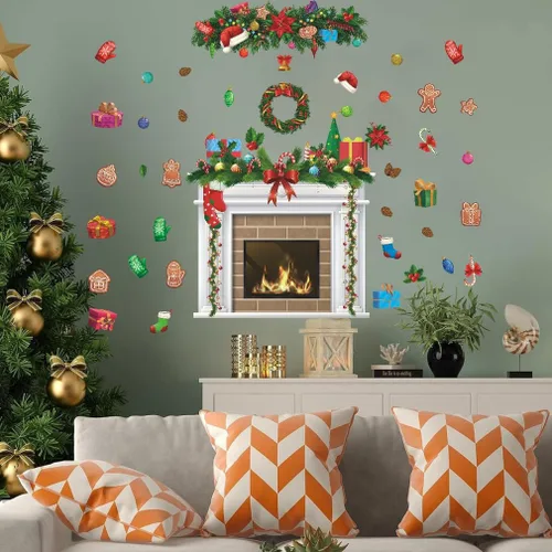 Vista 2 de IARTTOP Calcomanía de tablón de anuncios de chimenea de Navidad, calcomanía de pared para chimenea, decoración de fondo de chimeneas de Navidad