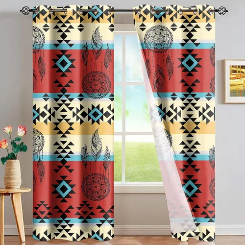 Vista 32 de FUSURIRE Abstract Geometry Print Window Curtain Panels 63 inch Long, Native American Western Window Treatment Grommet Room Darkening Curtains