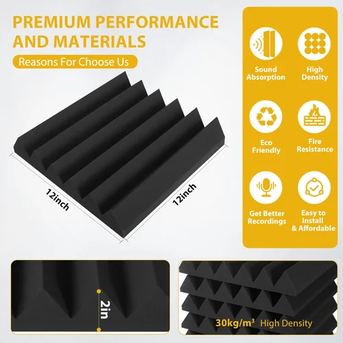 Vista 4 de 36 paquetes de paneles de espuma acústica Saiqiang de 2" x 12" x 12", paneles de espuma de insonorización con absorción de ruido en cuña, paneles