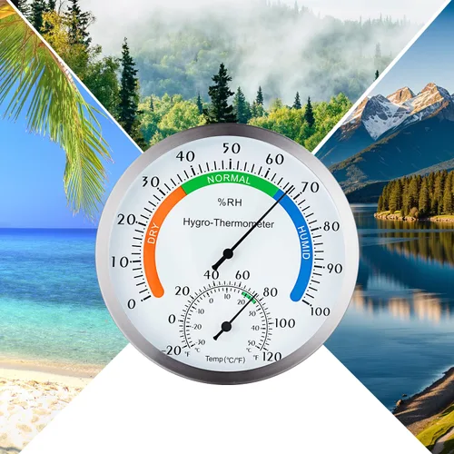 Vista 6 de Termómetro higrómetro de acero inoxidable de 5 pulgadas, esfera colorida para interiores y exteriores, termómetro higrómetro analógico, indicador