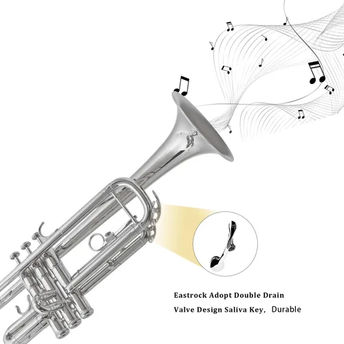 Vista 4 de EASTROCK Bb Trompeta estándar con estuche de transporte, guantes, boquilla 7C y kit de limpieza (niquelada)