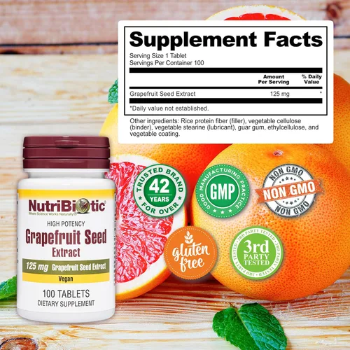 Vista 3 de NutriBiotic Tabletas de extracto de semilla de pomelo de 125 mg, 100 unidades GSE de grado premium con bioflavonoides Potente apoyo inmunológico