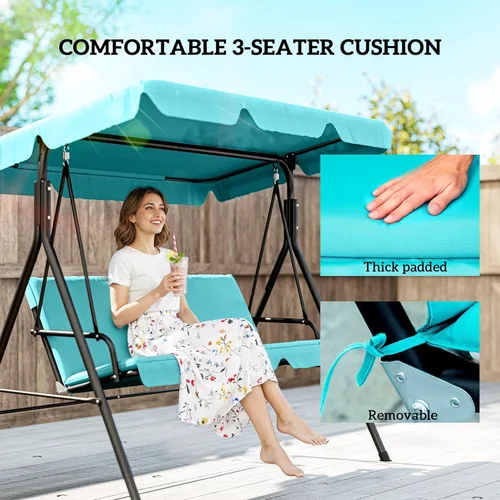 Vista 6 de Outsunny Silla columpio de 3 asientos para patio al aire libre con cojín extraíble, soporte de marco de acero y toldo inclinable ajustable para Verde