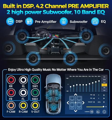 Vista 5 de PLZ estéreo de coche inalámbrico de doble DIN de 7" con pantalla QLED para automóvil, Apple Carplay, Radio, Android Auto, Bluetooth 5.3, Cargador