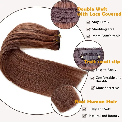 Vista 2 de Extensiones de cabello humano con clip, 4 unidades, 3.53 oz, extensiones de cabello humano 100% real, 16 pulgadas, extensiones de cabello humano