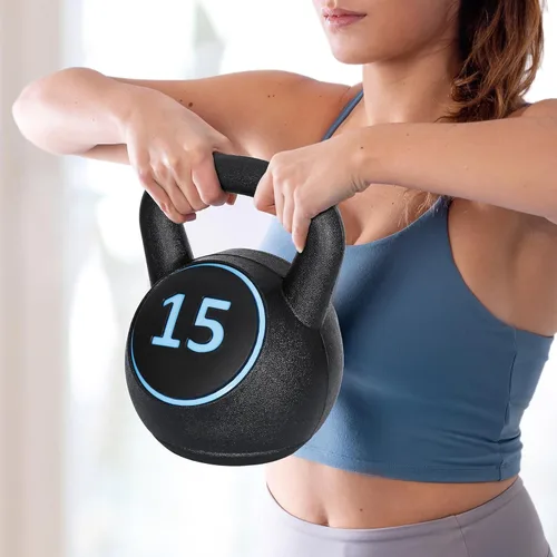 Vista 8 de F2C Juego de pesas rusas de 3 piezas con estante de almacenamiento de 5 libras, 10 libras, 15 libras, pesas rusas de hormigón recubiertas de HDPE