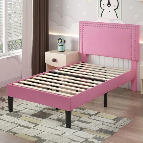 Vista 123 de VECELO Base de cama de plataforma de tamaño individual con cabecera tapizada de altura ajustable, base de colchón moderna, soporte de listones