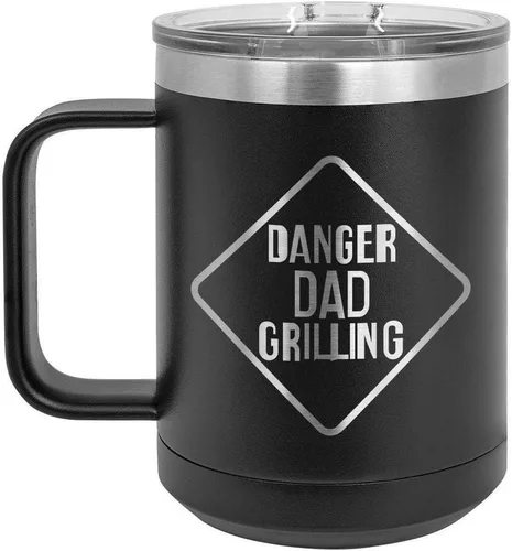 Danger Dad Grilling BLACK Taza de café de 15 oz con tapa superior deslizante | Taza de café de viaje aislada | BBQ & Grilling Idea de regalo para