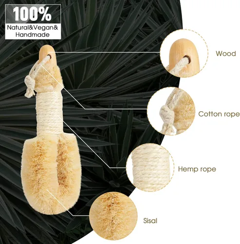 Vista 2 de Cepillo corporal de cepillado en seco para la piel – Cepillos exfoliantes para el cuerpo, cerdas de sisal naturales para drenaje linfático