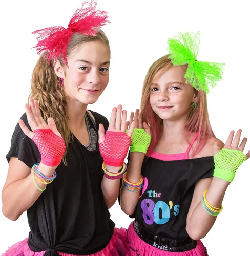 Vista 4 de Blulu 80's Lace Headband Costume Accessories for 80s Theme Party, No Headache Neon Lace Bow Headband, Set of 4